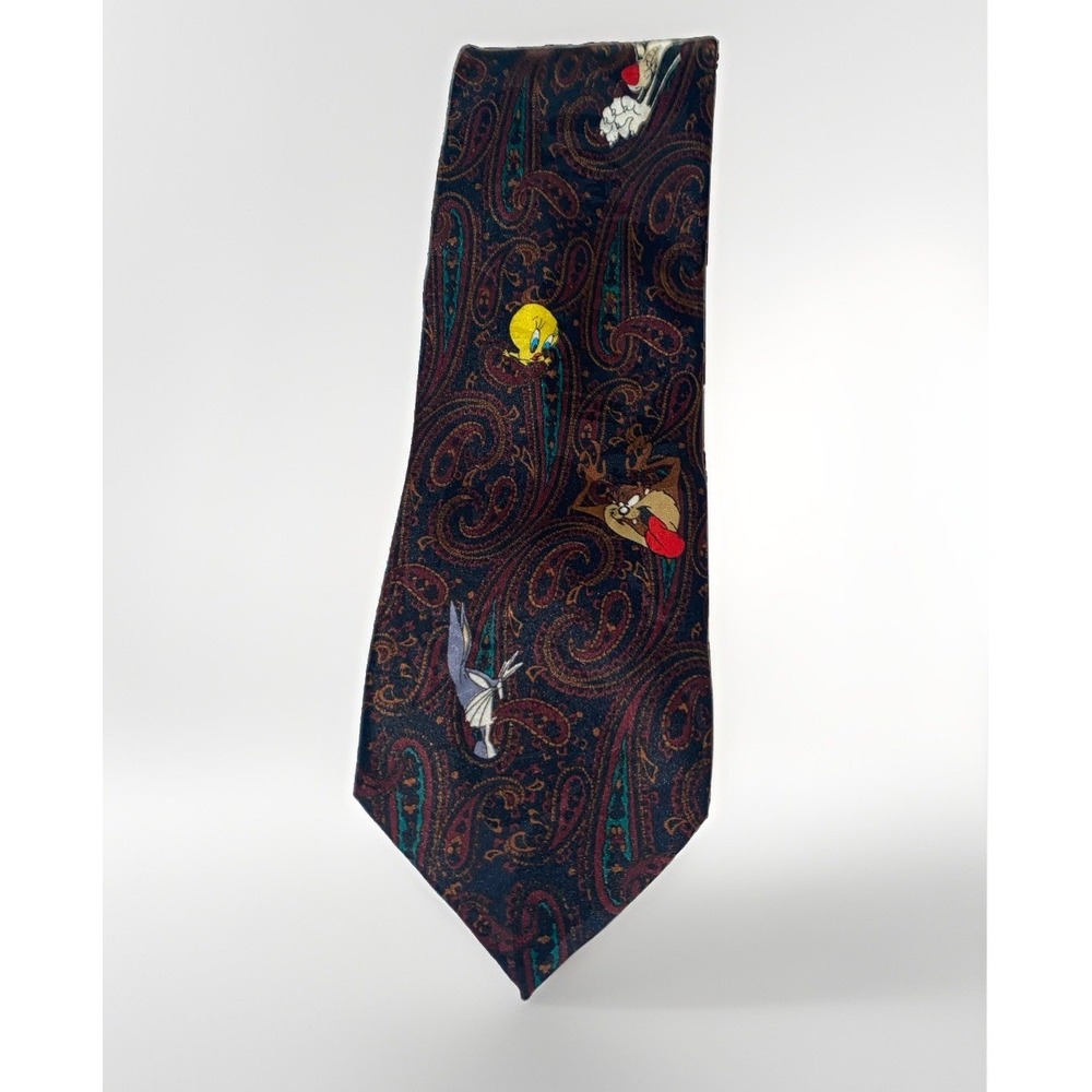 VTG Looney Tunes Mania Paisley Character Necktie Bugs Bunny Tweety Taz Sylvester